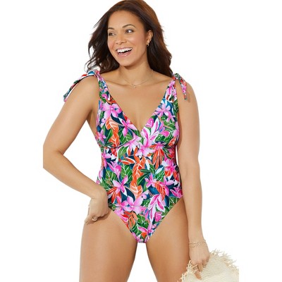 Swimsuits For All Women’s Plus Size Tie Shoulder One Piece Swimsuit
