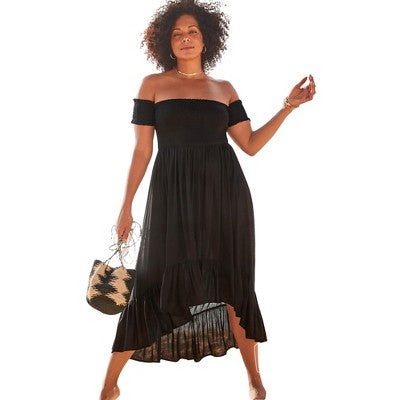 Swimsuits For All Women’s Plus Size Lauren Smocked Off The Shoulder High Low Dress