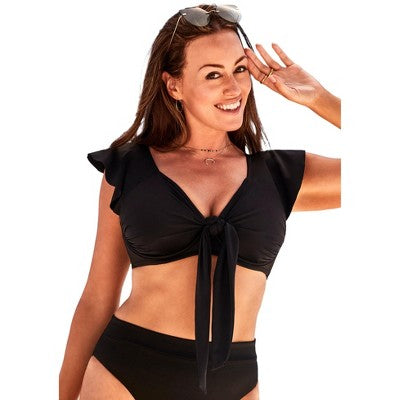 Swimsuits For All Women’s Plus Size Tie Front Cup Sized Cap Sleeve Underwire Bikini Top