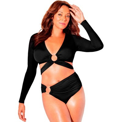 Swimsuits For All Women’s Plus Size O-Ring Long Sleeve Bikini Top