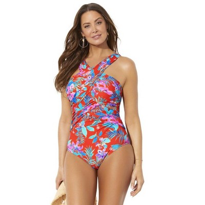 Swimsuits For All Women’s Plus Size High Neck Wrap One Piece Swimsuit