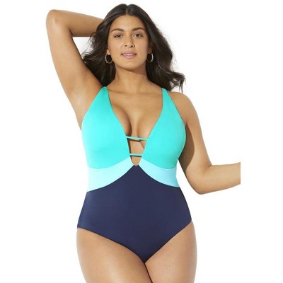  Swimsuits For All Women’s Plus Size Colorblock V-Neck One Piece Swimsuit