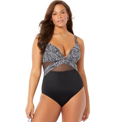  Swimsuits For All Women’s Plus Size Cut Out Mesh Underwire One Piece Swimsuit