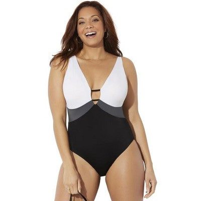  Swimsuits For All Women’s Plus Size Colorblock V-Neck One Piece Swimsuit