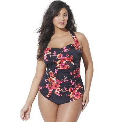  Swimsuits For All Women’s Plus Size Chlorine Resistant H-Back Sarong Front One Piece Swimsuit