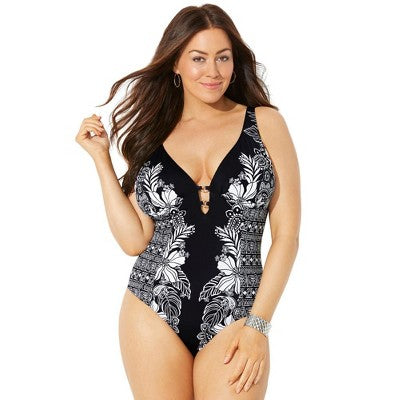  Swimsuits For All Women’s Plus Size V-Neck Ring One Piece Swimsuit
