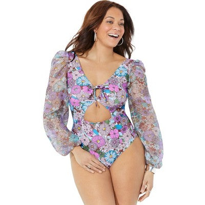  Swimsuits For All Women’s Plus Size Cup Sized Chiffon Sleeve One Piece Swimsuit