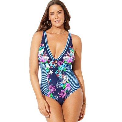  Swimsuits For All Women’s Plus Size Deep V-Neck One Piece Swimsuit