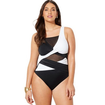  Swimsuits For All Women’s Plus Size Mesh Colorblock Wrap One Piece Swimsuit
