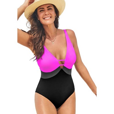  Swimsuits For All Women’s Plus Size Colorblock V-Neck One Piece Swimsuit