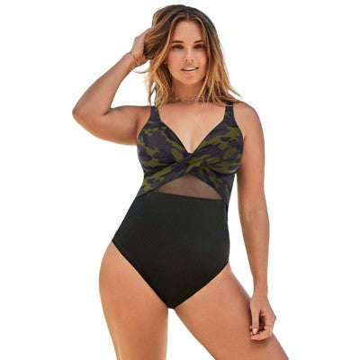  Swimsuits For All Women’s Plus Size Cut Out Mesh Underwire One Piece Swimsuit